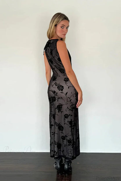 Elegant Sleeveless High Neck Tie Detail Sheer Mesh Floral Velvet Maxi Prom Dress For Wedding Guest Bridal Shower Formal Evening