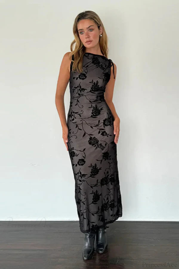 Elegant Sleeveless High Neck Tie Detail Sheer Mesh Floral Velvet Maxi Prom Dress For Wedding Guest Bridal Shower Formal Evening