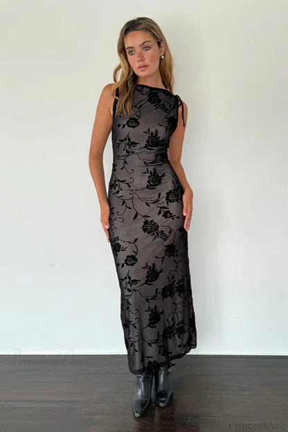 Elegant Sleeveless High Neck Tie Detail Sheer Mesh Floral Velvet Maxi Prom Dress For Wedding Guest Bridal Shower Formal Evening