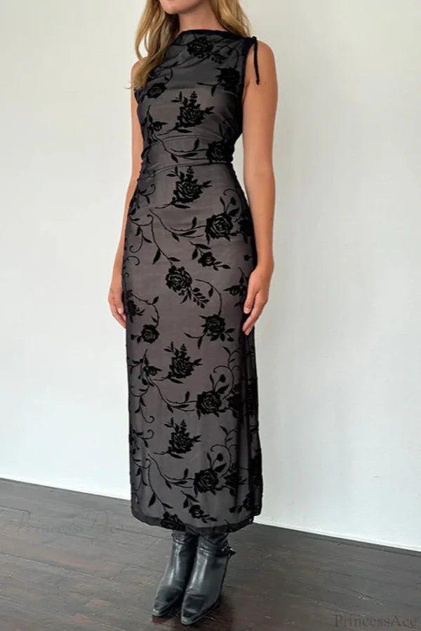 Elegant Sleeveless High Neck Tie Detail Sheer Mesh Floral Velvet Maxi Prom Dress For Wedding Guest Bridal Shower Formal Evening