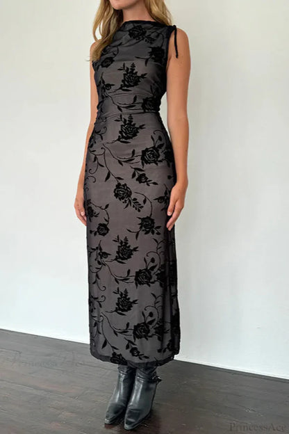 Elegant Sleeveless High Neck Tie Detail Sheer Mesh Floral Velvet Maxi Prom Dress For Wedding Guest Bridal Shower Formal Evening