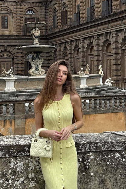 Elegant Sleeveless Ribbed Knit Button Front Midi Prom Dress With Split For Wedding Guest Bridal Shower Formal Evening