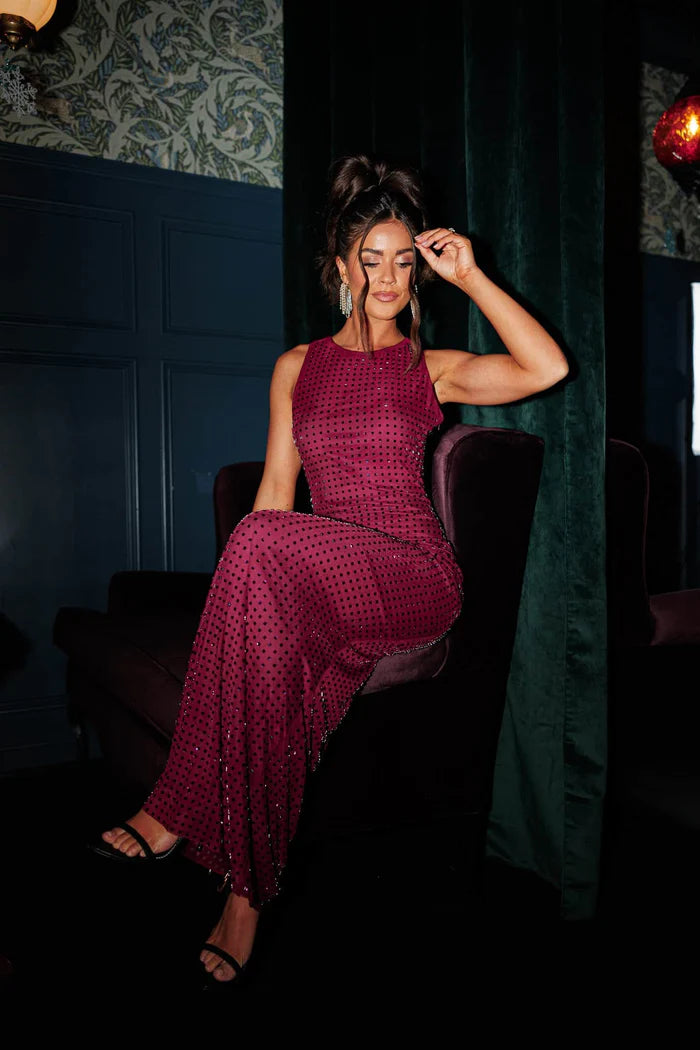 Elegant Sleeveless Round Neck Rhinestone Embellished Bodycon Maxi Prom Dress For Wedding Guest Bridal Shower Formal Evening