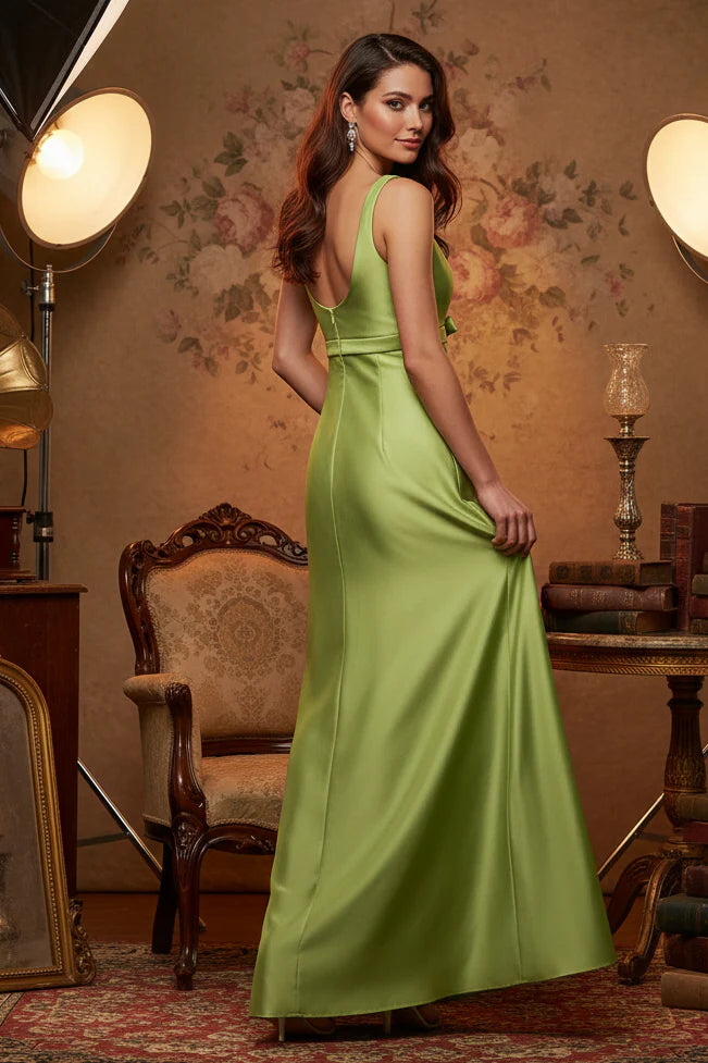Elegant Sleeveless Square Neck Bow Detail Satin Bodycon Maxi Prom Dress For Formal Evening Wedding Guest