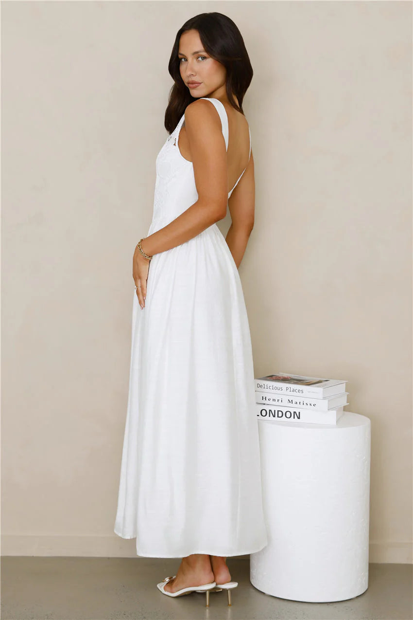Elegant Sleeveless Square Neck Open Back Lace Crochet Detail A Line Midi Evening Dress For Formal Evening Prom Wedding Guest Bridesmaid Cocktail Party Gala