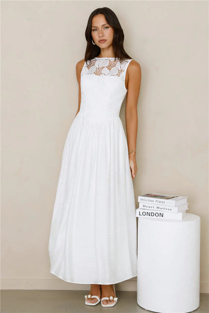 Elegant Sleeveless Square Neck Open Back Lace Crochet Detail A Line Midi Evening Dress For Formal Evening Prom Wedding Guest Bridesmaid Cocktail Party Gala