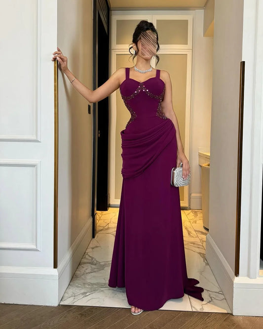 Elegant Sleeveless Sweetheart Beaded Detail Draped Waist Satin Bodycon Maxi Prom Dress With Scallop Train For Formal Evening Wedding Guest