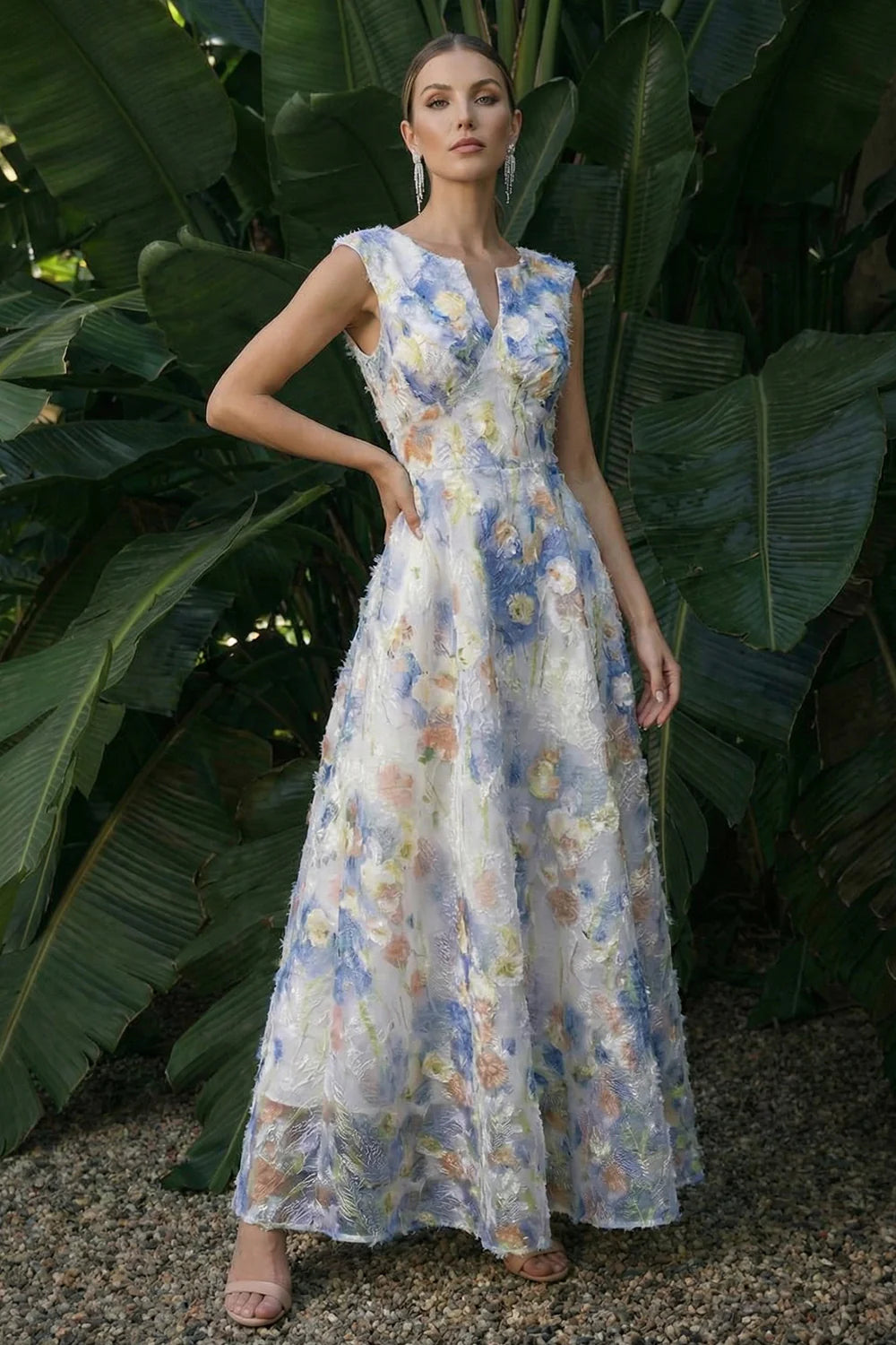 Elegant Sleeveless V Neck Colorful Floral Embroidered Frayed Trim A-Line Maxi Prom Dress
