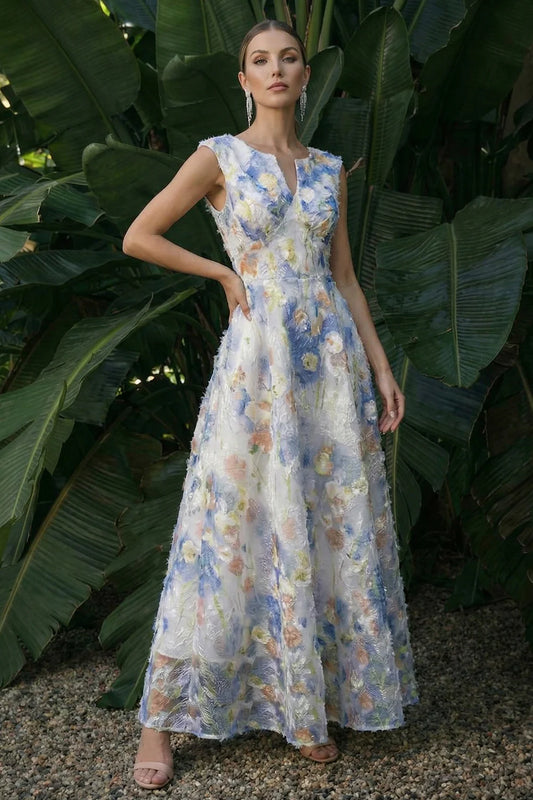 Elegant Sleeveless V Neck Colorful Floral Embroidered Frayed Trim A-Line Maxi Prom Dress