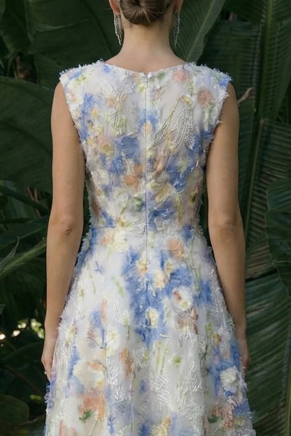 Elegant Sleeveless V Neck Colorful Floral Embroidered Frayed Trim A-Line Maxi Prom Dress