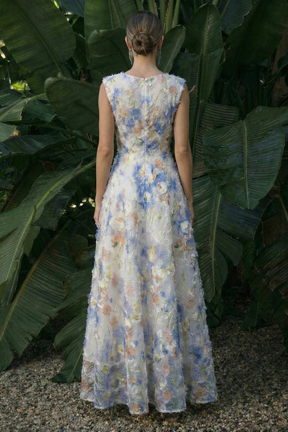 Elegant Sleeveless V Neck Colorful Floral Embroidered Frayed Trim A-Line Maxi Prom Dress