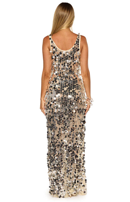 Elegant Sleeveless V Neck Large Disc Sequin Mesh Bodycon Maxi Prom Dress