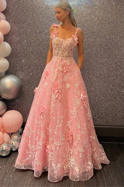 Elegant Spaghetti Strap 3D Floral Applique Lace Up Back Ball Gown Maxi Prom Dress For Formal Evening Wedding Guest