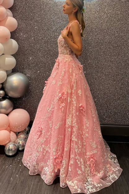 Elegant Spaghetti Strap 3D Floral Applique Lace Up Back Ball Gown Maxi Prom Dress For Formal Evening Wedding Guest