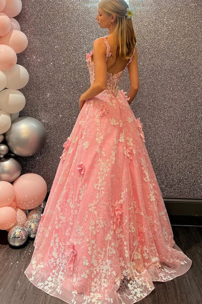 Elegant Spaghetti Strap 3D Floral Applique Lace Up Back Ball Gown Maxi Prom Dress For Formal Evening Wedding Guest