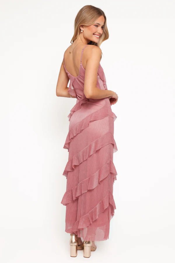 Elegant Spaghetti Strap Asymmetrical Ruffle Detail Plisse Maxi Prom Dress For Formal Evening Wedding Guest Bridesmaid Cocktail Party