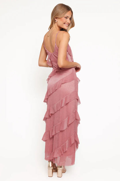 Elegant Spaghetti Strap Asymmetrical Ruffle Detail Plisse Maxi Prom Dress For Formal Evening Wedding Guest Bridesmaid Cocktail Party