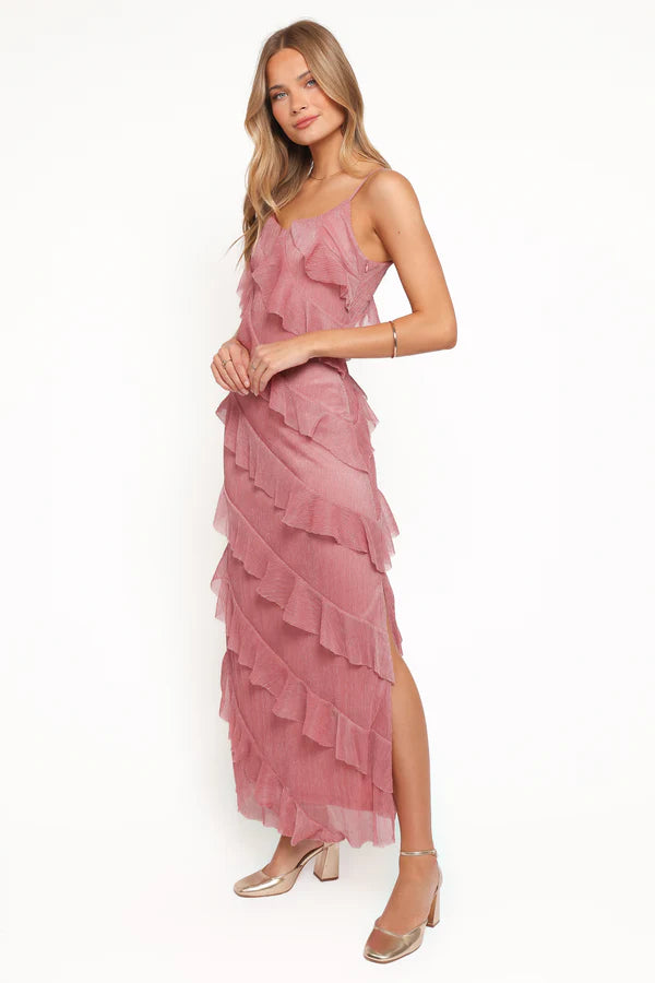 Elegant Spaghetti Strap Asymmetrical Ruffle Detail Plisse Maxi Prom Dress For Formal Evening Wedding Guest Bridesmaid Cocktail Party