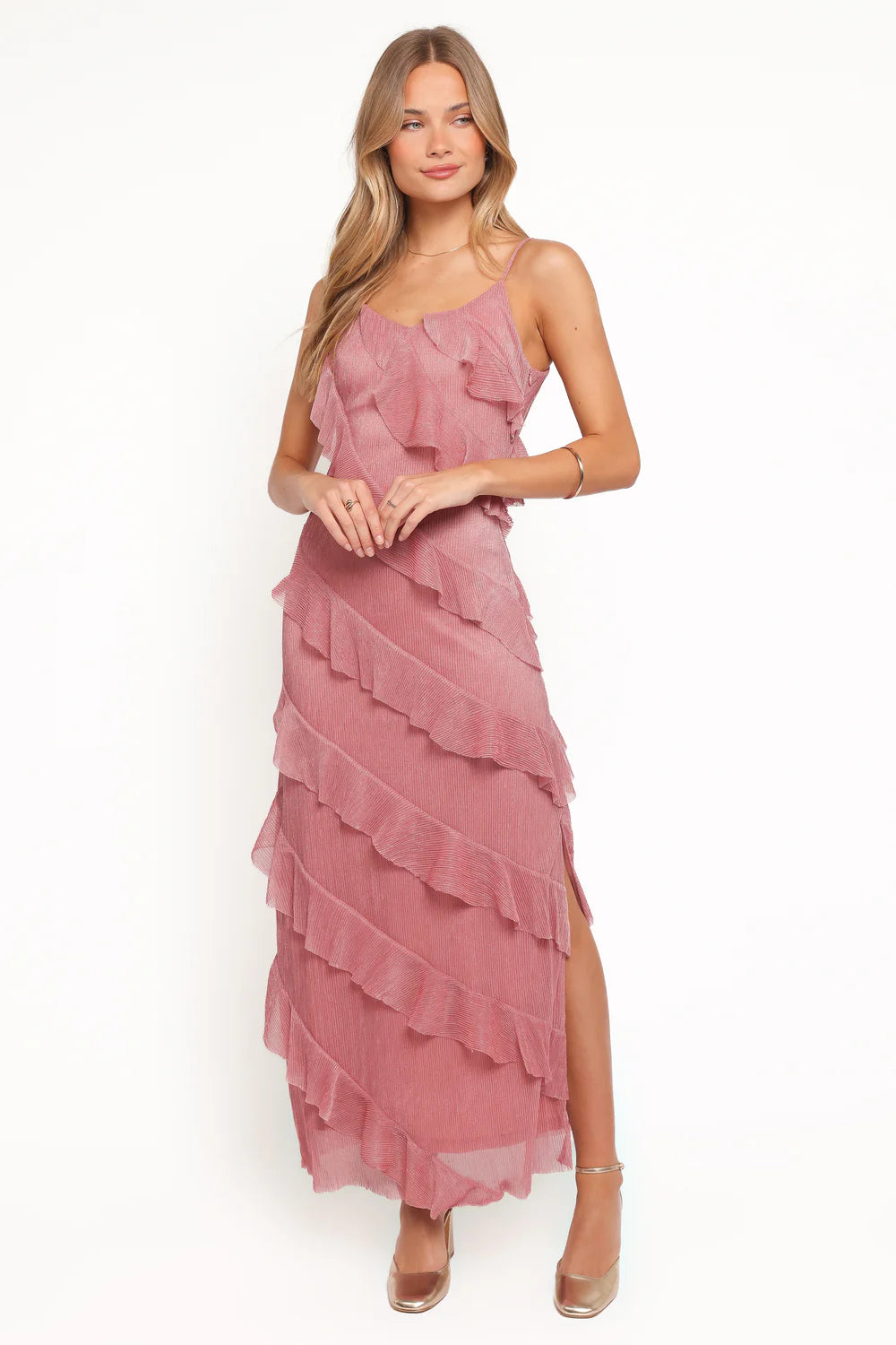 Elegant Spaghetti Strap Asymmetrical Ruffle Detail Plisse Maxi Prom Dress For Formal Evening Wedding Guest Bridesmaid Cocktail Party
