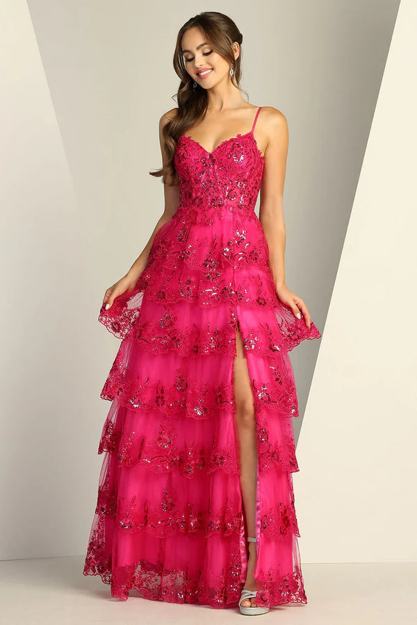 Elegant Spaghetti Strap Champagne Gold Sequin Floral Embellished Tiered Tulle Gown with V-Back and Side Slit Prom Dress