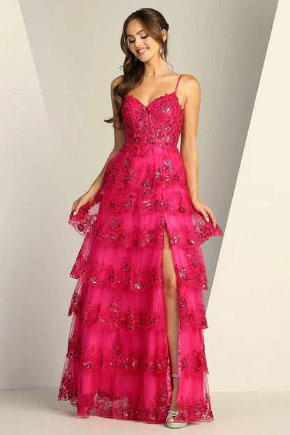 Elegant Spaghetti Strap Champagne Gold Sequin Floral Embellished Tiered Tulle Gown with V-Back and Side Slit Prom Dress
