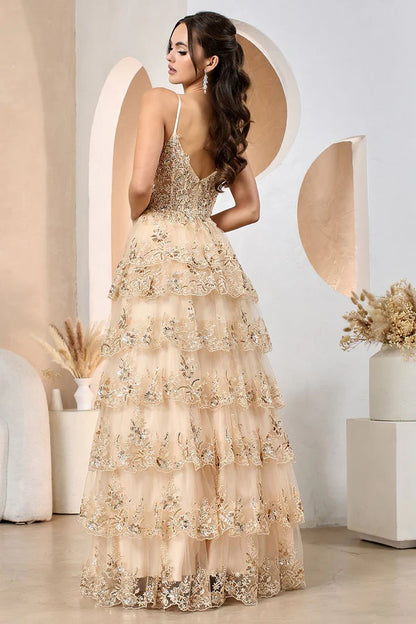 Elegant Spaghetti Strap Champagne Gold Sequin Floral Embellished Tiered Tulle Gown with V-Back and Side Slit Prom Dress