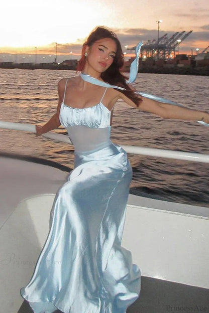 Elegant Spaghetti Strap Choker Neck Sheer Mesh Panel Satin Maxi Prom Dress For Wedding Guest Bridal Shower Formal Evening
