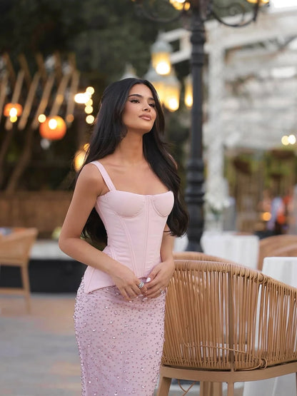Elegant Spaghetti Strap Corset Bust Beaded Detail Sheer Mesh Bodycon Maxi Prom Dress For Formal Evening Red Carpet