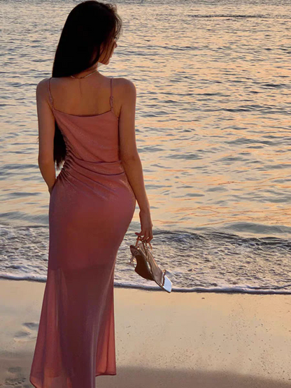 Elegant Spaghetti Strap Cowl Neck Glitter Ruched Side Slit Maxi Prom Dress