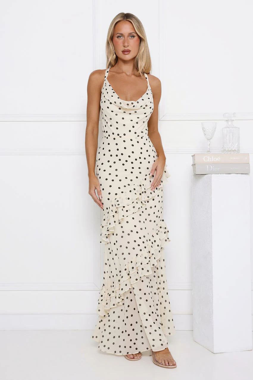 Elegant Spaghetti Strap Cowl Neck Open Back Cross Strap Polka Dot Print Ruffle Tiered Mermaid Maxi Evening Dress For Formal Evening Prom Wedding Guest Bridesmaid Cocktail Party Gala