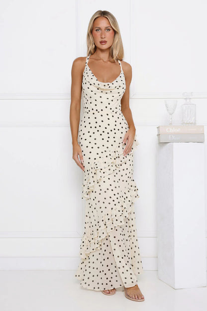 Elegant Spaghetti Strap Cowl Neck Open Back Cross Strap Polka Dot Print Ruffle Tiered Mermaid Maxi Evening Dress For Formal Evening Prom Wedding Guest Bridesmaid Cocktail Party Gala