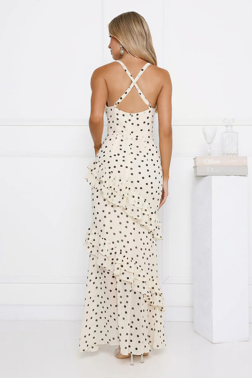 Elegant Spaghetti Strap Cowl Neck Open Back Cross Strap Polka Dot Print Ruffle Tiered Mermaid Maxi Evening Dress For Formal Evening Prom Wedding Guest Bridesmaid Cocktail Party Gala