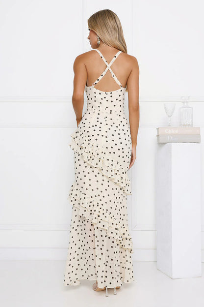 Elegant Spaghetti Strap Cowl Neck Open Back Cross Strap Polka Dot Print Ruffle Tiered Mermaid Maxi Evening Dress For Formal Evening Prom Wedding Guest Bridesmaid Cocktail Party Gala