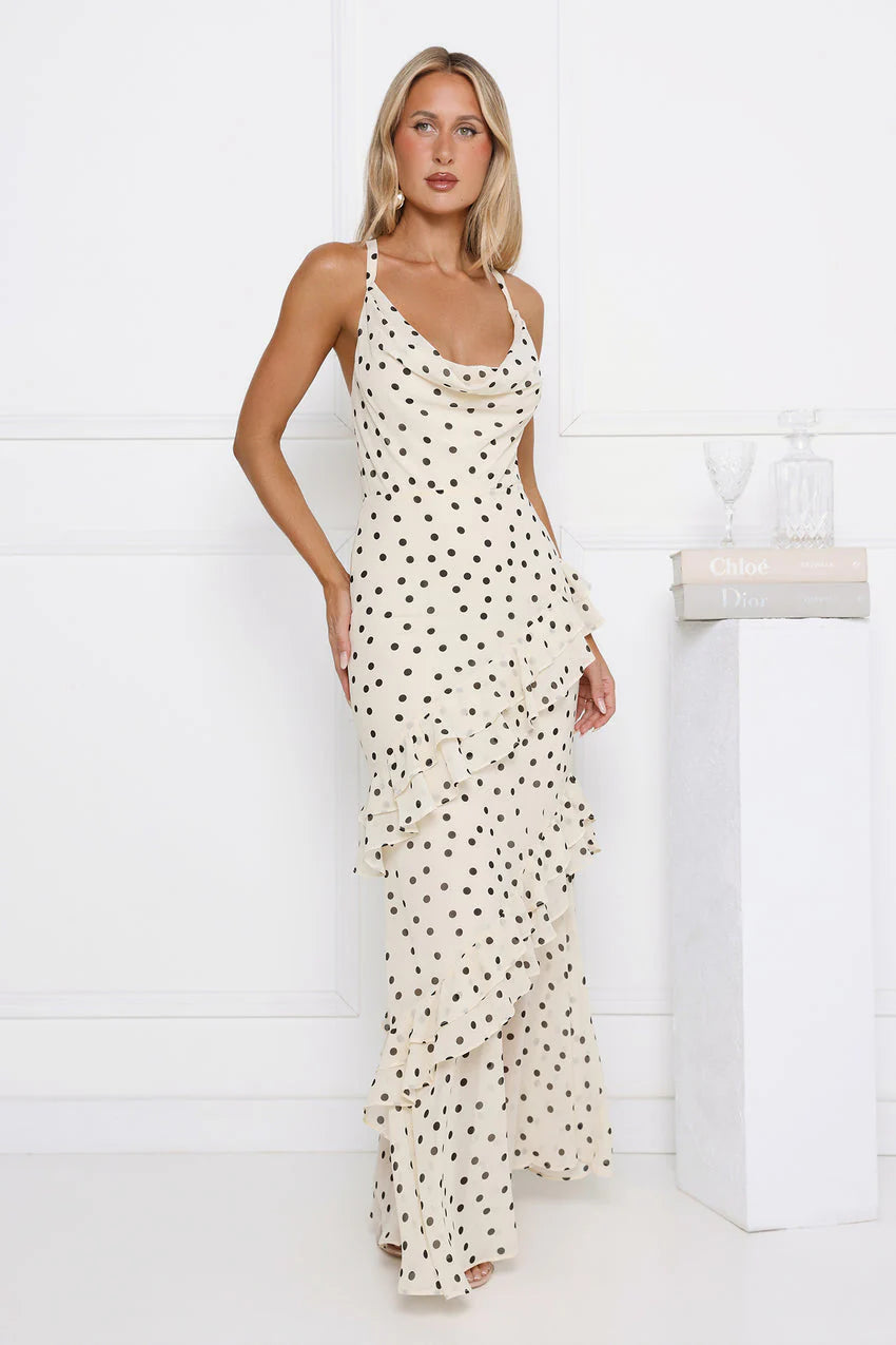 Elegant Spaghetti Strap Cowl Neck Open Back Cross Strap Polka Dot Print Ruffle Tiered Mermaid Maxi Evening Dress For Formal Evening Prom Wedding Guest Bridesmaid Cocktail Party Gala