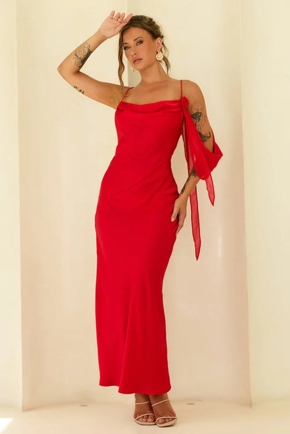 Elegant Spaghetti Strap Cowl Neck Open Back Rose Detail Draped Sleeve Bodycon Maxi Prom Dress For Formal Evening Gala Cocktail Party Wedding Guest