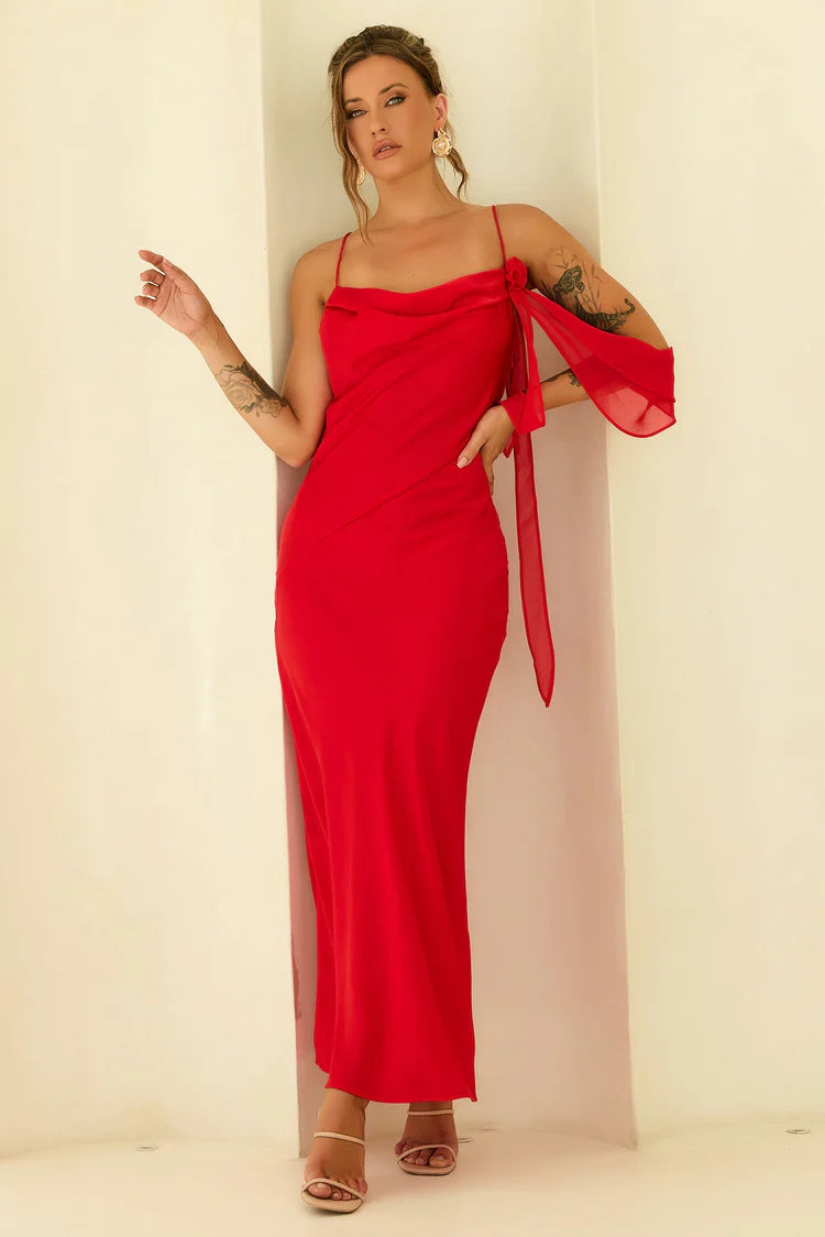 Elegant Spaghetti Strap Cowl Neck Open Back Rose Detail Draped Sleeve Bodycon Maxi Prom Dress For Formal Evening Gala Cocktail Party Wedding Guest