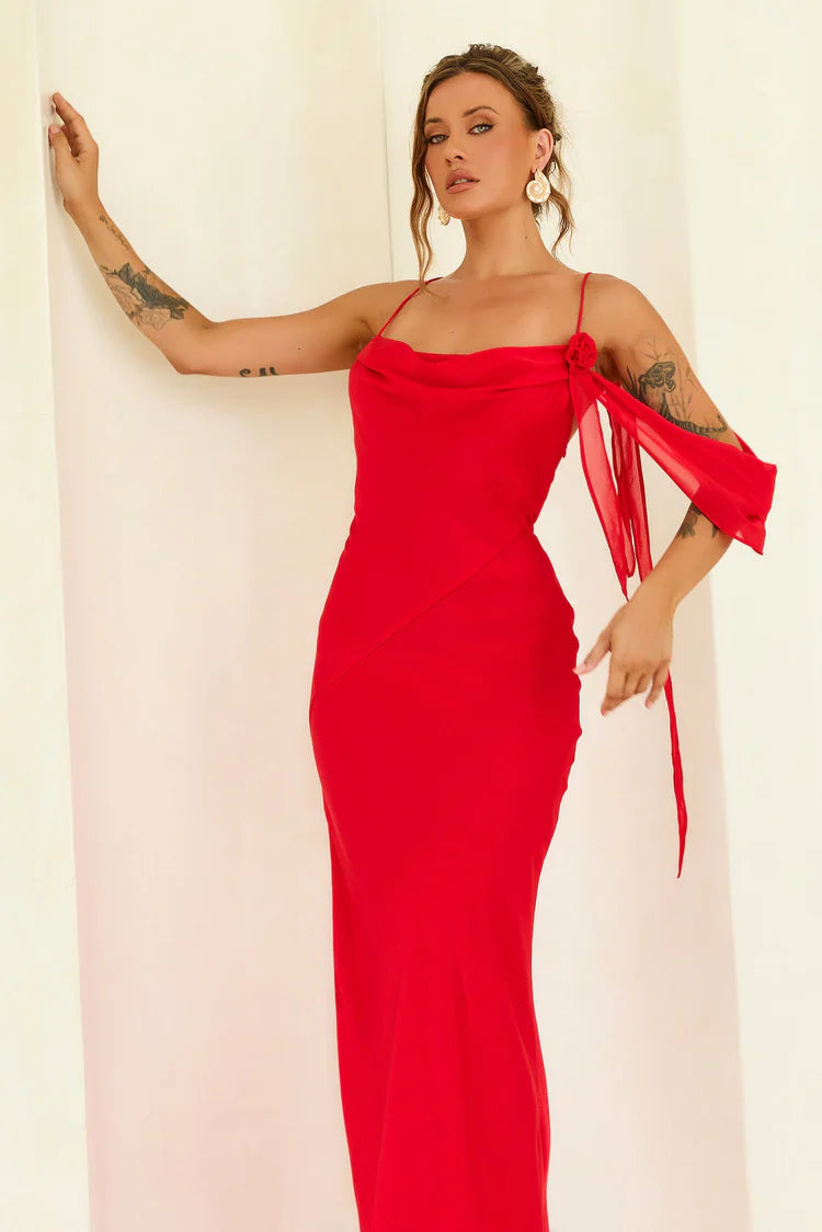 Elegant Spaghetti Strap Cowl Neck Open Back Rose Detail Draped Sleeve Bodycon Maxi Prom Dress For Formal Evening Gala Cocktail Party Wedding Guest