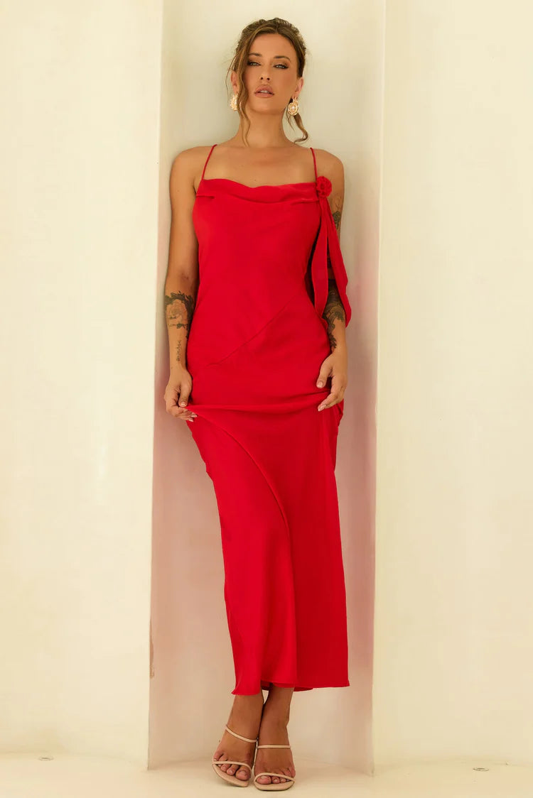 Elegant Spaghetti Strap Cowl Neck Open Back Rose Detail Draped Sleeve Bodycon Maxi Prom Dress For Formal Evening Gala Cocktail Party Wedding Guest