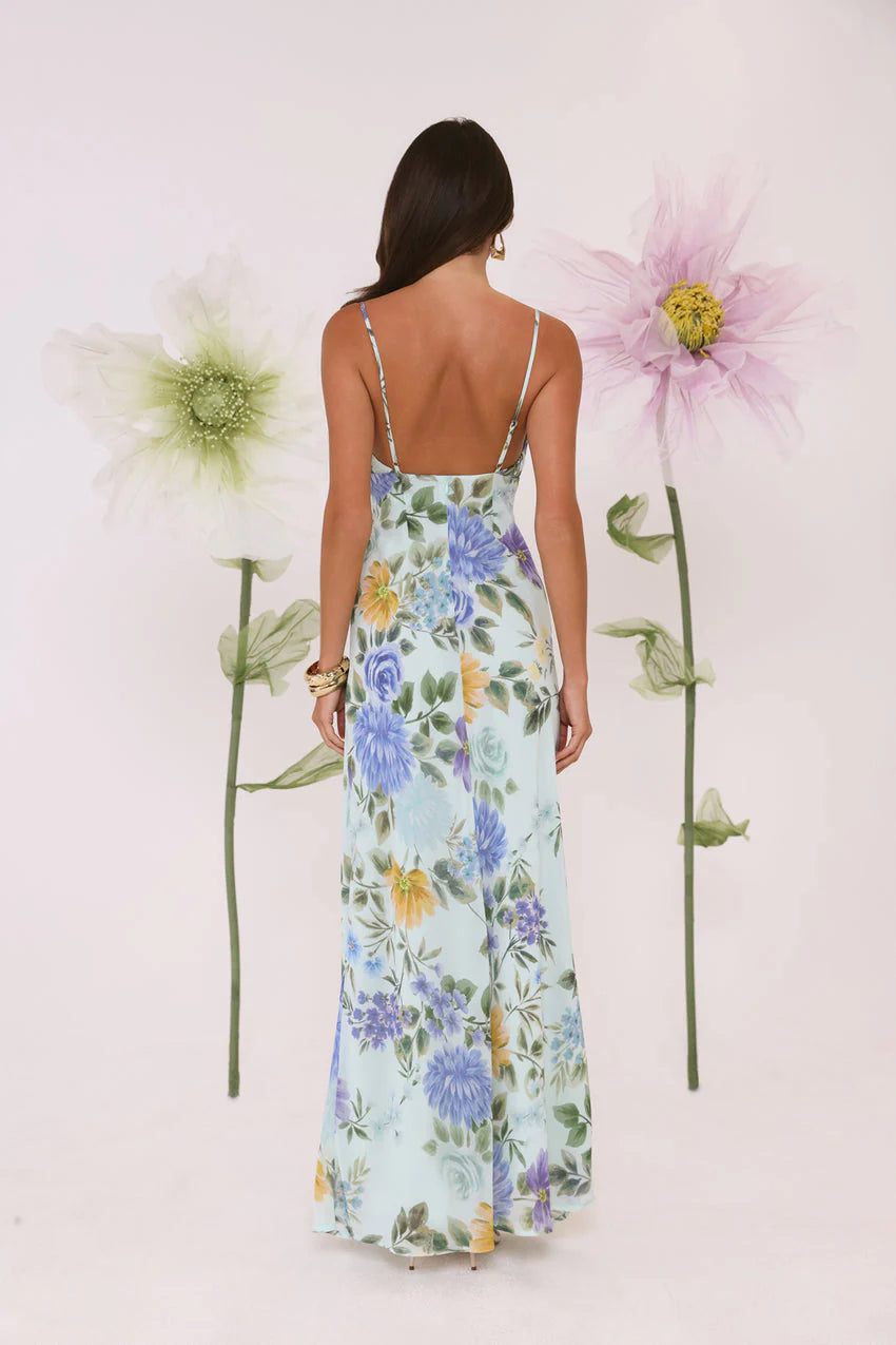 Elegant Spaghetti Strap Cowl Neck Open Back Watercolor Floral Print Satin Maxi Evening Dress For Formal Evening Prom Wedding Guest Bridesmaid Cocktail Party Gala
