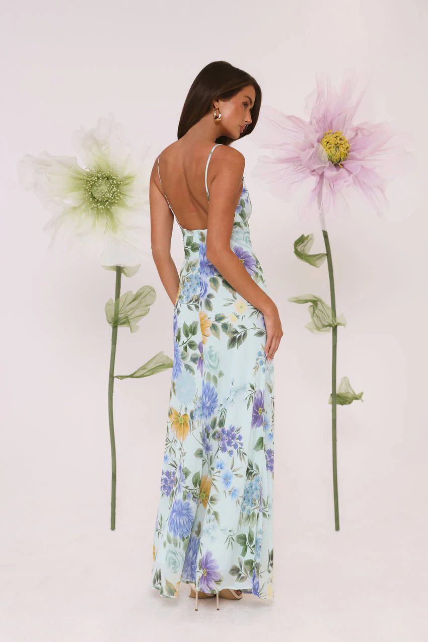 Elegant Spaghetti Strap Cowl Neck Open Back Watercolor Floral Print Satin Maxi Evening Dress For Formal Evening Prom Wedding Guest Bridesmaid Cocktail Party Gala