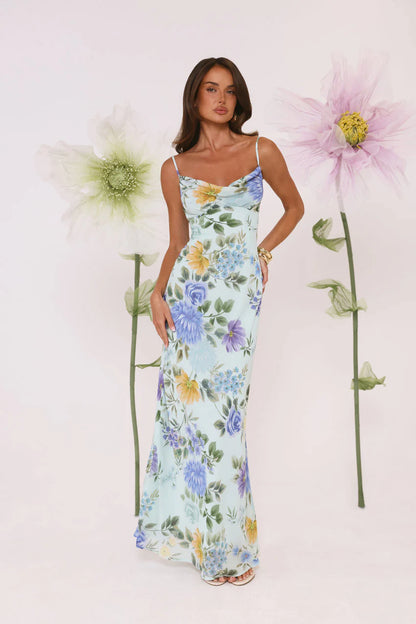 Elegant Spaghetti Strap Cowl Neck Open Back Watercolor Floral Print Satin Maxi Evening Dress For Formal Evening Prom Wedding Guest Bridesmaid Cocktail Party Gala