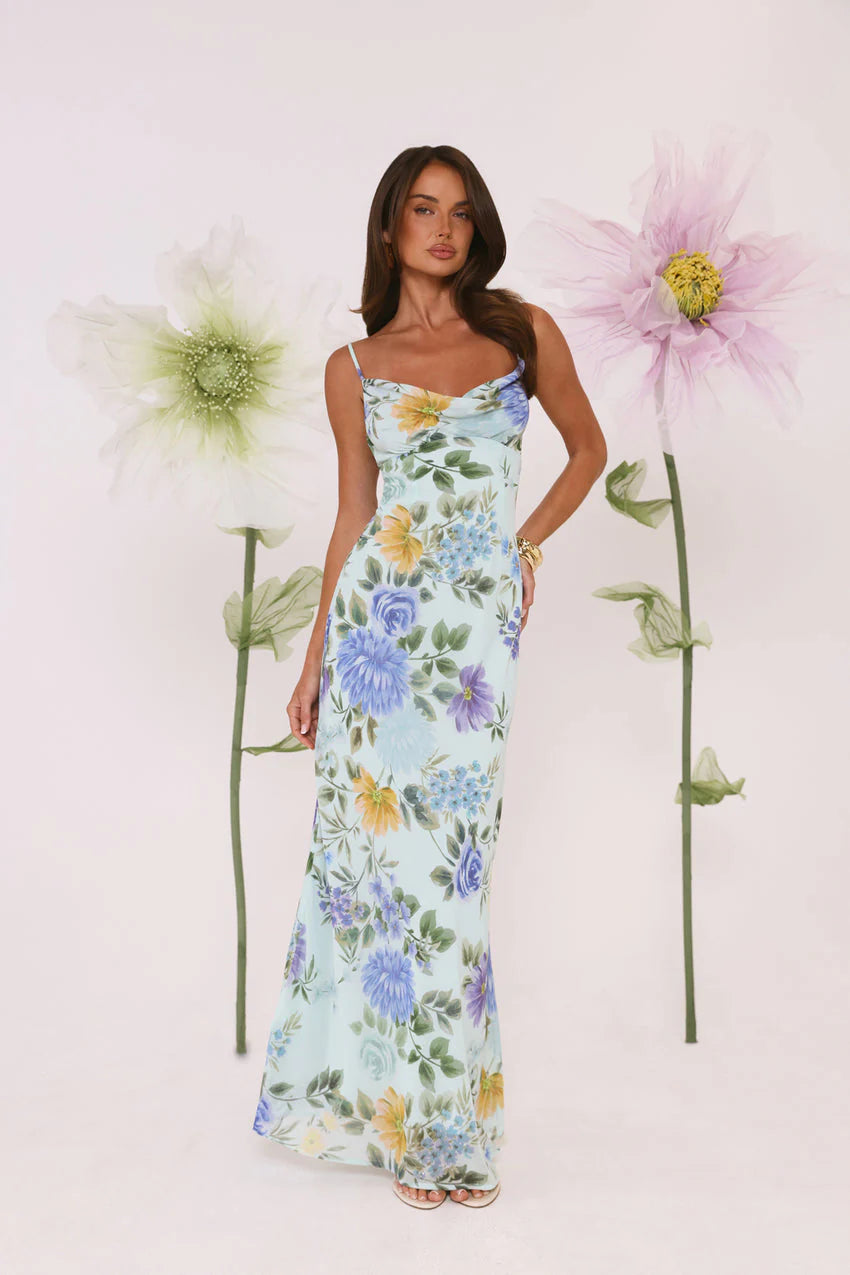 Elegant Spaghetti Strap Cowl Neck Open Back Watercolor Floral Print Satin Maxi Evening Dress For Formal Evening Prom Wedding Guest Bridesmaid Cocktail Party Gala