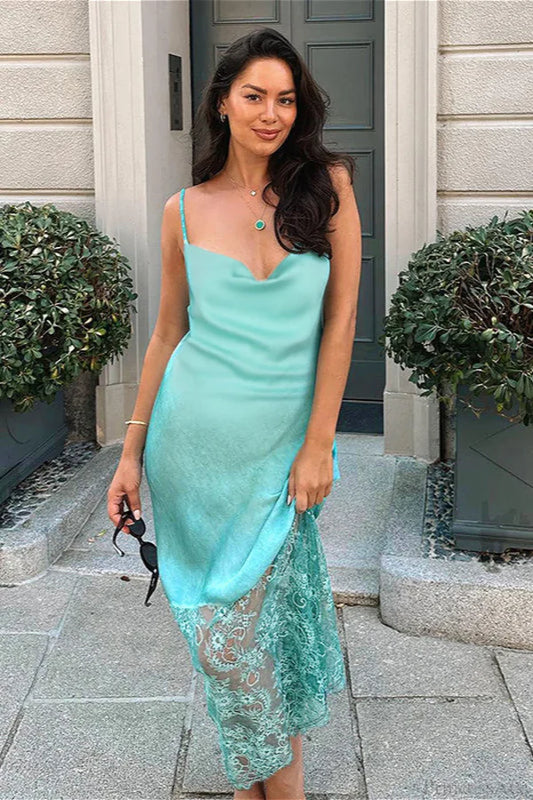 Elegant Spaghetti Strap Cowl Neck Satin Lace Hem Maxi Prom Dress For Wedding Guest Bridal Shower Formal Evening