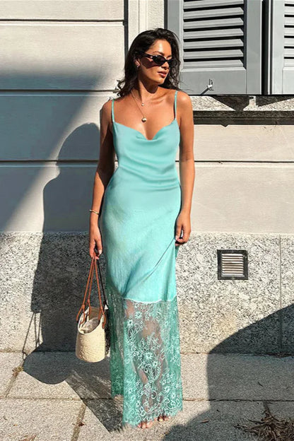 Elegant Spaghetti Strap Cowl Neck Satin Lace Hem Maxi Prom Dress For Wedding Guest Bridal Shower Formal Evening