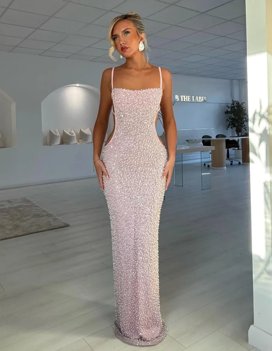 Elegant Spaghetti Strap Cut Out Side Rhinestone Embellished Bodycon Maxi Prom Dress For Formal Evening Gala Cocktail Party