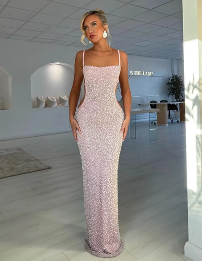 Elegant Spaghetti Strap Cut Out Side Rhinestone Embellished Bodycon Maxi Prom Dress For Formal Evening Gala Cocktail Party