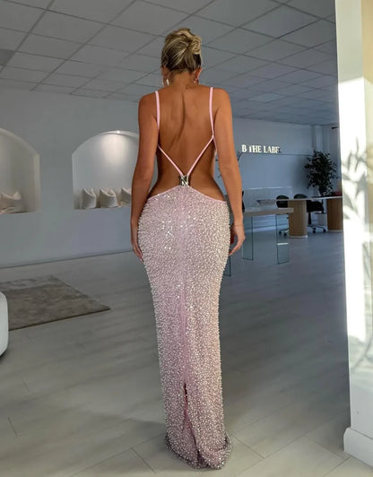 Elegant Spaghetti Strap Cut Out Side Rhinestone Embellished Bodycon Maxi Prom Dress For Formal Evening Gala Cocktail Party