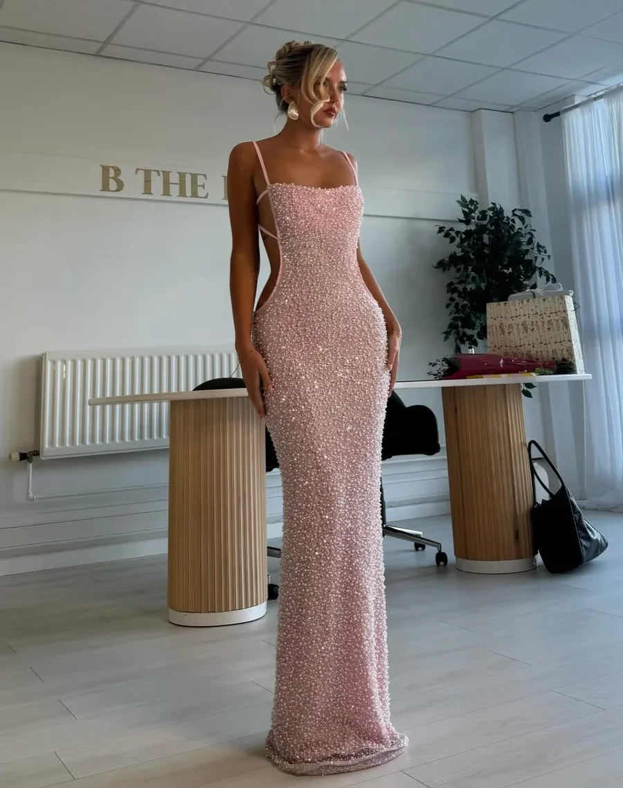 Elegant Spaghetti Strap Cut Out Side Rhinestone Embellished Bodycon Maxi Prom Dress For Formal Evening Gala Cocktail Party