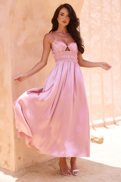 Elegant Spaghetti Strap Cutout Bust Open Back Ruched Satin A Line Maxi Prom Dress For Formal Evening Gala Wedding Guest Bridesmaid Vacation