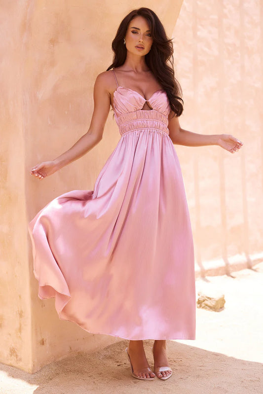 Elegant Spaghetti Strap Cutout Bust Open Back Ruched Satin A Line Maxi Prom Dress For Formal Evening Gala Wedding Guest Bridesmaid Vacation